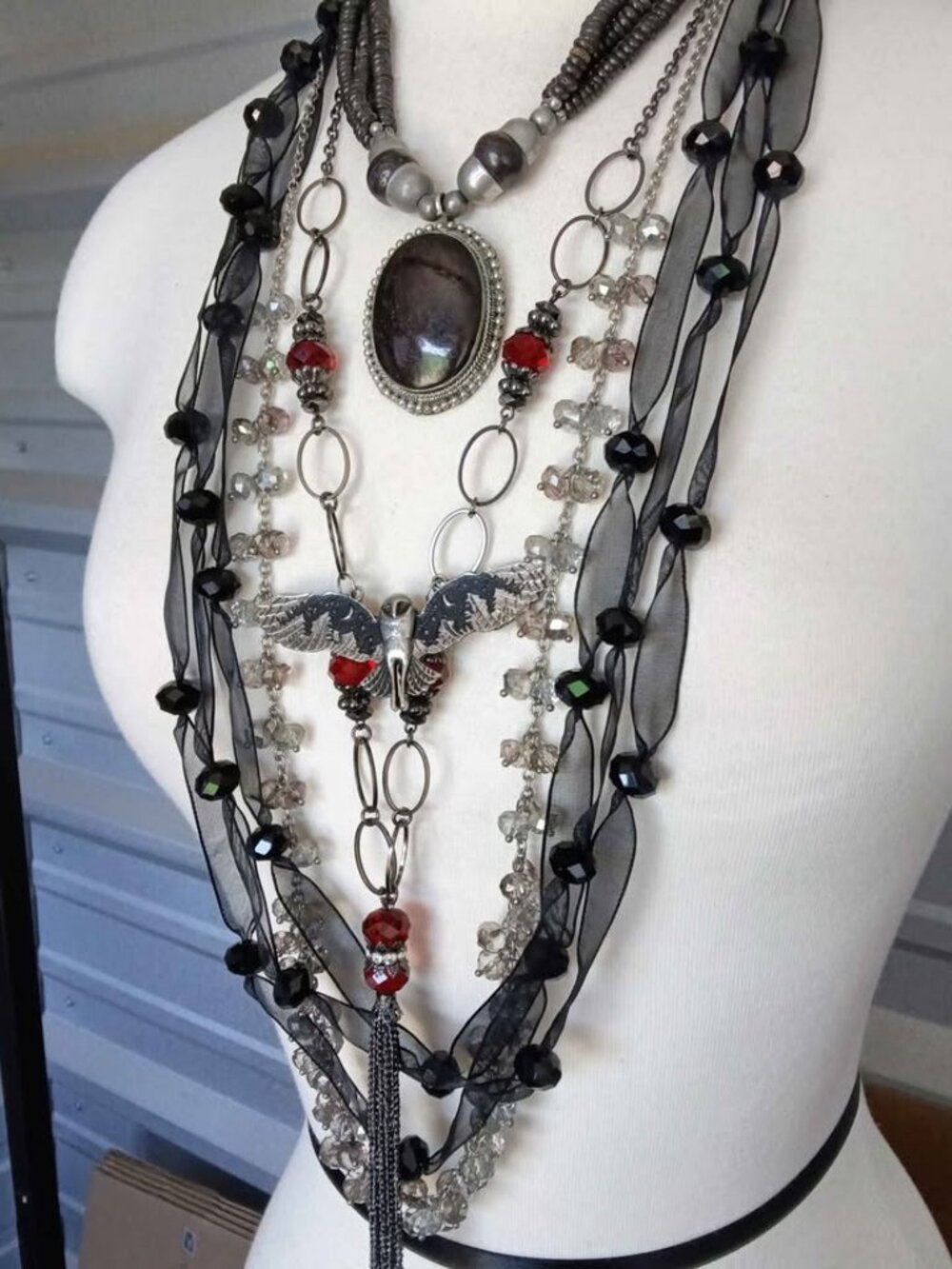 Gothic Owl Blood-Red Crystal Layered Necklaces – Practical Magic / Whimsigoth